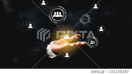 CRM concept integrates digital customer management, global network interface, offering ideal customer relationship strategies, marketing automation, sales solutions to enhance business performance. 132238287