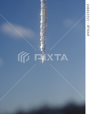 A long icicle hanging from a tree branch A long icicle hanging from a tree branch 132238803