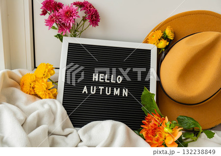 Saying HELLO AUTUMN Selective focus Bush of autumnal orange red chrysanthemums and violet dahlia hydrangea. Fall garden beautiful flowers bouquet background. Blooming blossom thanksgiving day 132238849