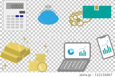 Asset management and investment items | Wallet, gold bullion, coin, graph, smartphone, laptop, calculator illustration set 132238867