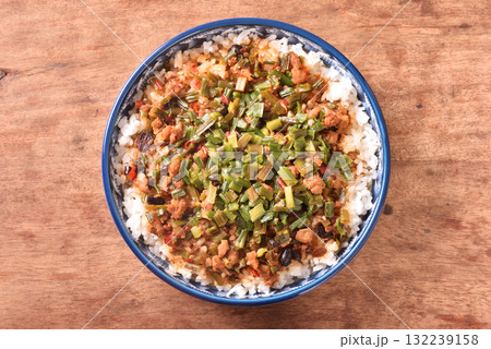 Fried minced pork with chive flower and black bean sauce over rice Fried minced pork with chive flower and black bean sauce over rice 132239158