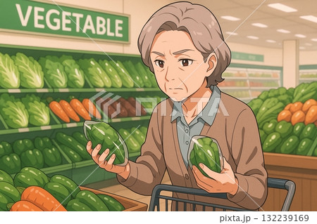 野菜を比較する高齢女性 132239169