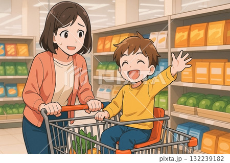 カートに乗る子どもと母親 132239182