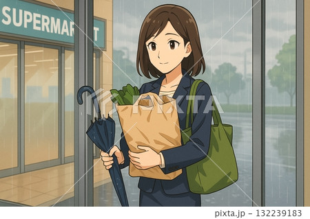 雨の日に買い物を終えた女性 雨の日に買い物を終えた女性 132239183