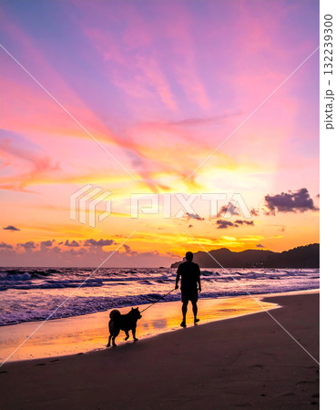 夕焼けの海岸を犬と散歩する男性 夕焼けの海岸を犬と散歩する男性 132239300