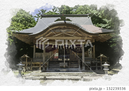 水彩画風 鹿野 加知弥神社 拝殿 鳥取県鳥取市 水彩画風 鹿野 加知弥神社 拝殿 鳥取県鳥取市 132239336
