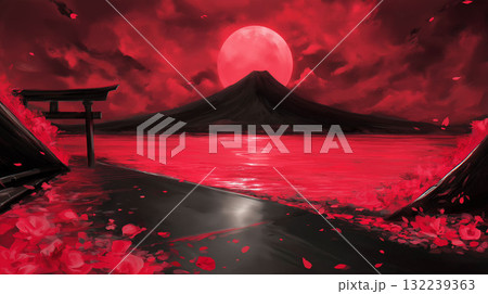 異世界の夜に輝く赤い月 鳥居が導く現実を超えた空間 異世界の夜に輝く赤い月 鳥居が導く現実を超えた空間 132239363