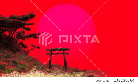 異空間に佇む鳥居と赤い月　神々が息づく幻想的な風景 132239364