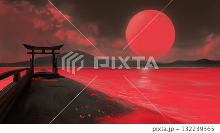 鳥居と赤い月が照らす永遠の境界線 神々と人の狭間の世界 鳥居と赤い月が照らす永遠の境界線 神々と人の狭間の世界 132239365