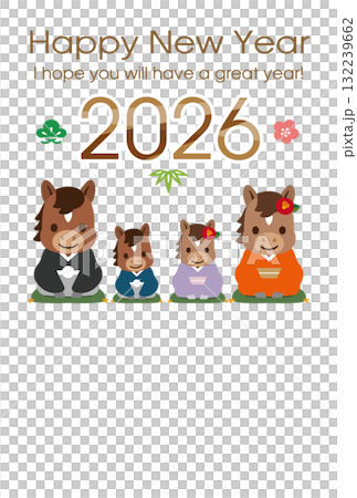 [2026] 西式新年賀卡，印有穿著和服的可愛馬家族 132239662