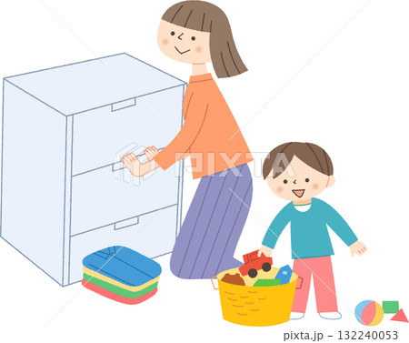 部屋の整頓をする親子 132240053