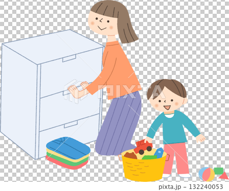 Parents and children tidying their rooms 132240053