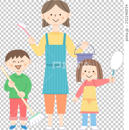 Parents and children holding cleaning tools Parents and children holding cleaning tools 132240054