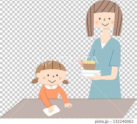食後の片付けをする親子 132240062
