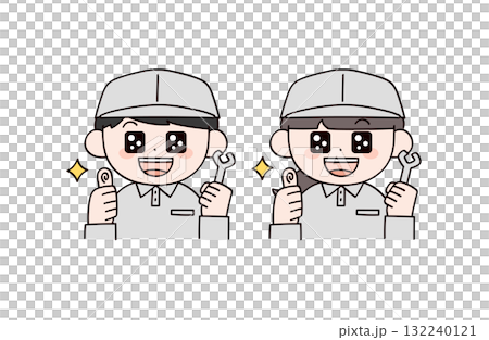 Two men and women in work clothes giving compliments Two men and women in work clothes giving compliments 132240121