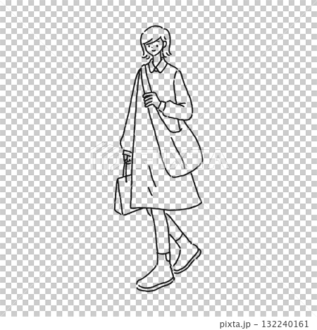 ワンピースを着たシンプルな女性 線画 ワンピースを着たシンプルな女性 線画 132240161
