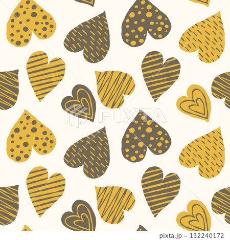 手描き風・ハートのシームレスパターン（黄色） 132240172