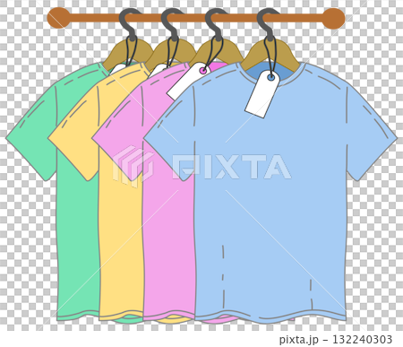 Colorful T-Shirts Hanging on Rail with Price Tags Colorful T-Shirts Hanging on Rail with Price Tags 132240303