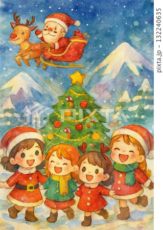 雪山のクリスマス|サンタとトナカイと笑顔の女の子たち 雪山のクリスマス|サンタとトナカイと笑顔の女の子たち 132240635