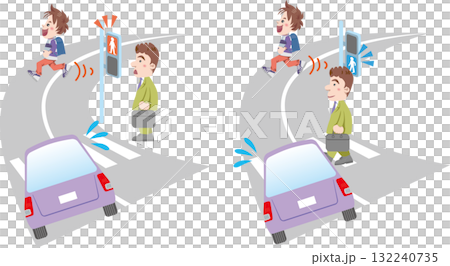 Traffic Safety (Children and elementary school students crossing the street diagonally and ignoring traffic lights) 132240735