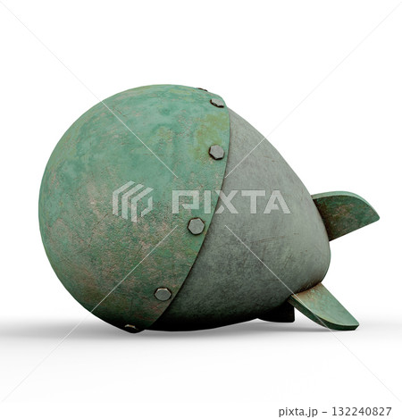 Rustic Green Bomb Model with Bolted Metal Structure on White Background. 3D Illustration. File with Clipping Path 132240827