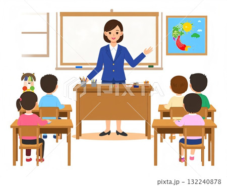 学校の教室で先生の授業を受けているイラスト 132240878