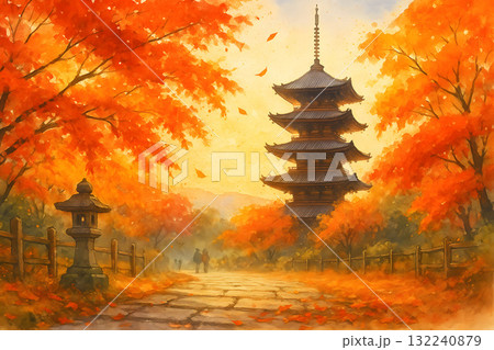 紅葉に包まれた五重塔と石畳の風景 132240879