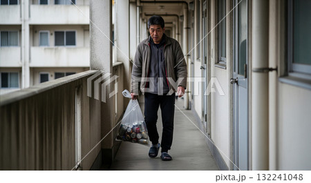独居老人がゴミを捨てるために部屋を出て共用廊下を歩く 132241048