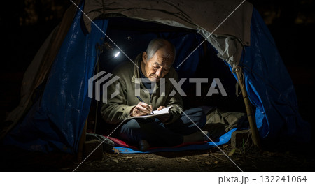 公園の隅っこでブルーシートハウスで暮らすホームレス 132241064