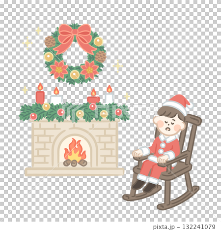Boy resting by a fireplace with Christmas decorations Boy resting by a fireplace with Christmas decorations 132241079