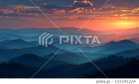 Serene Mountain Landscape with Rolling Hills and Colorful Sunset 132241224