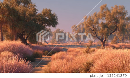 Serene Savannah Backdrop with Scattered Trees and Colorful Grasses 132241279