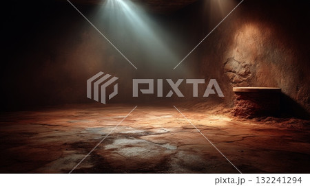 Earthy Toned Studio Backdrop with Textured Floor and Ambient Light 132241294