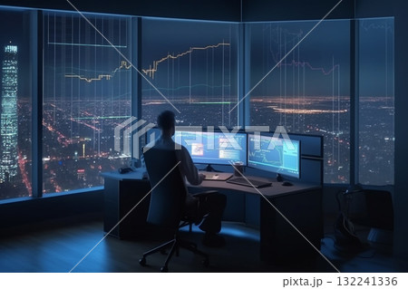 an doing analysis behind multiple screens and night cityscape background. Generative AI 132241336