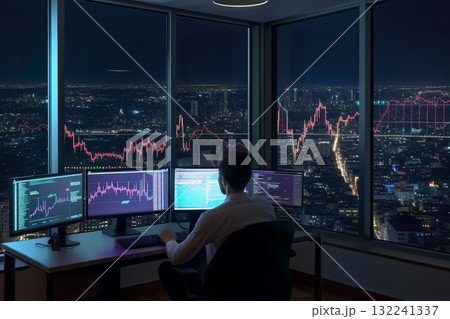 an doing analysis behind multiple screens and night cityscape background. Generative AI 132241337