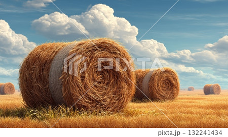 Beautiful Field with Round Hay Bales Under Blue Sky and Clouds 132241434