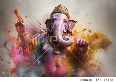 Beautiful Hindu god Ganesha with elephant head in holy colorful dust splash. Generative AI 132241478