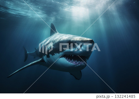 Great white shark in deep blue waters. Generative AI 132241485