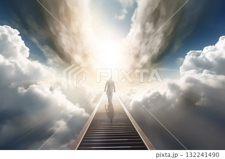 Stairs to heaven and human soul going to heaven visualization. Generative AI 132241490