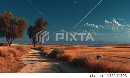 Serene Dirt Road Surrounded by Lush Trees Under a Clear Sky Serene Dirt Road Surrounded by Lush Trees Under a Clear Sky 132241598