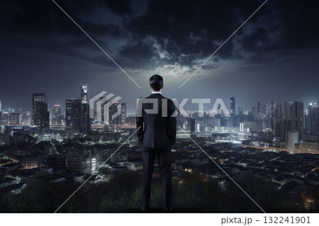 Business man silhouette in dark cityscape. Generative AI 132241901