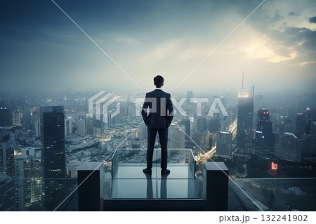 Business man silhouette in dark cityscape. Generative AI Business man silhouette in dark cityscape. Generative AI 132241902