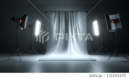 Studio Setup with Seamless White Backdrop and Key Lights Studio Setup with Seamless White Backdrop and Key Lights 132241978