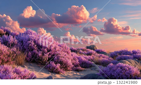 Serene Moor Landscape with Vibrant Purple Heather Under Clouds 132241980