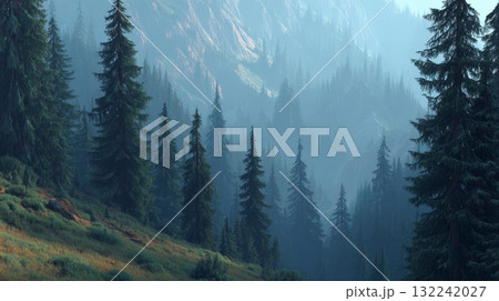 Serene Misty Forest with Tall Pine Trees Against Majestic Backdrop 132242027