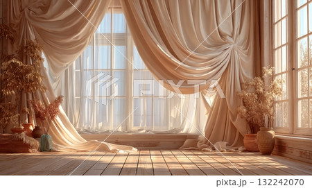 Soft Beige Studio Backdrop with Elegant Curtains and Natural Light 132242070