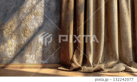 Soft Beige Curtain Draped Elegantly Against Textured Studio Backdrop Soft Beige Curtain Draped Elegantly Against Textured Studio Backdrop 132242077