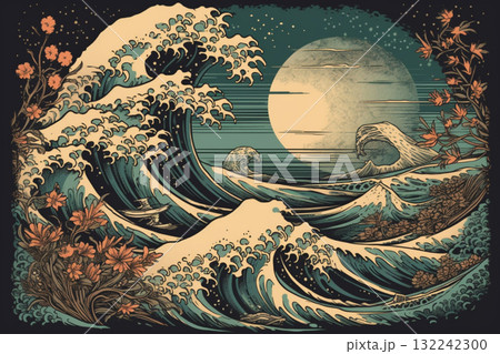 Wave hokusai on rising sun or moon background in japanese style. Generative AI Wave hokusai on rising sun or moon background in japanese style. Generative AI 132242300
