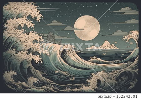 Wave hokusai on rising sun or moon background in japanese style. Generative AI 132242301