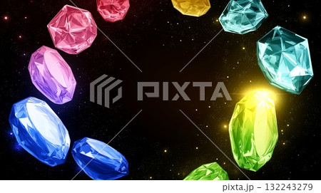 Colorful gemstones in space with cosmic glow and black starry background Colorful gemstones in space with cosmic glow and black starry background 132243279
